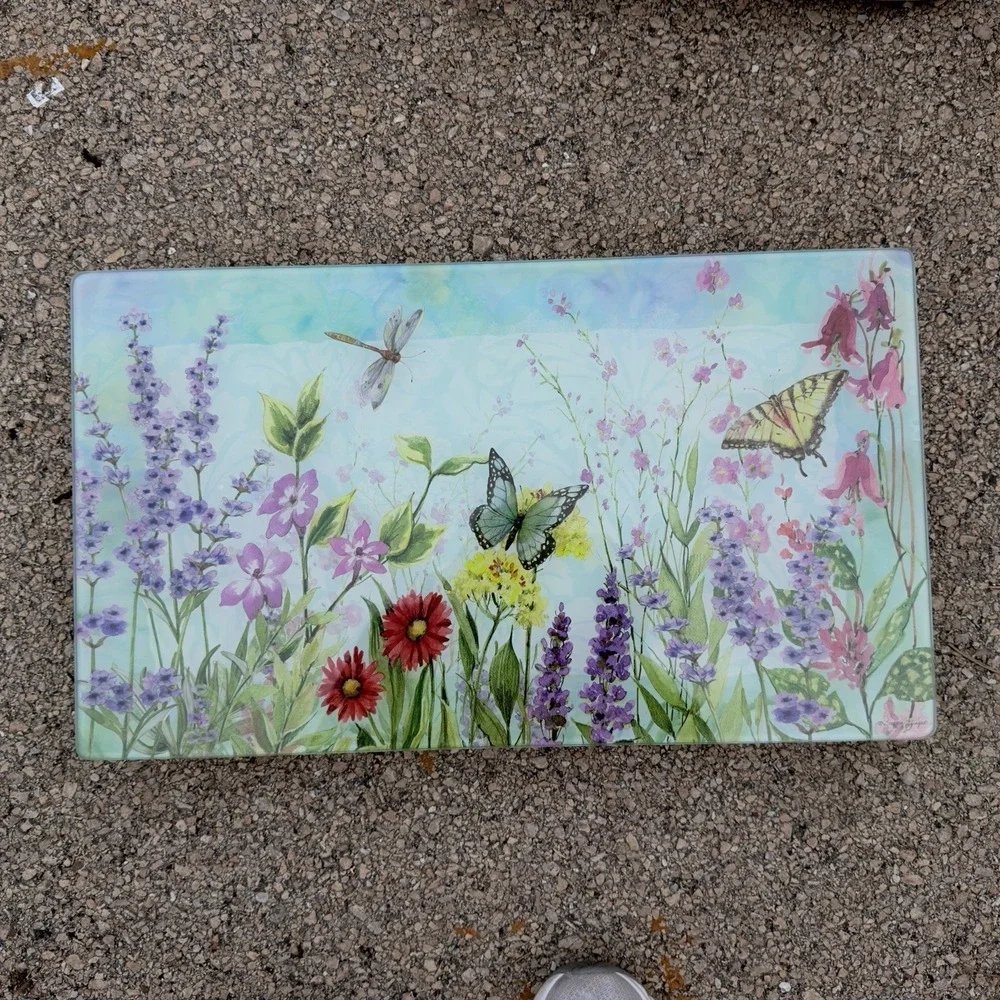 Large Floral Glass Tray‎ Butterfly Serving Platter Home Decor